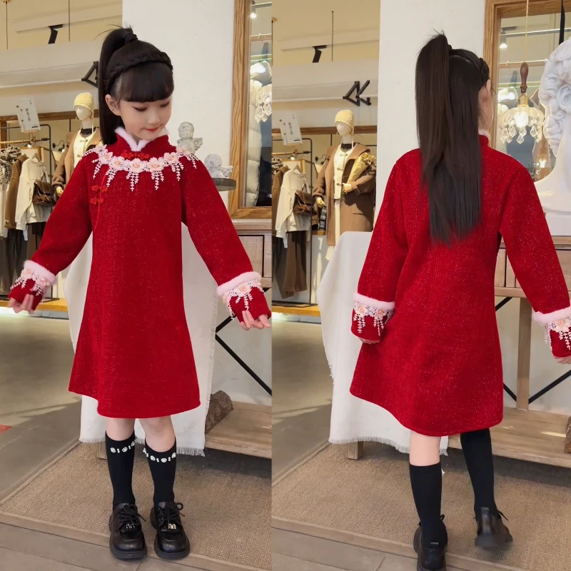 女童冬季旗袍裙加绒加厚中国风红色旗袍拜年服110-160（价格已开）