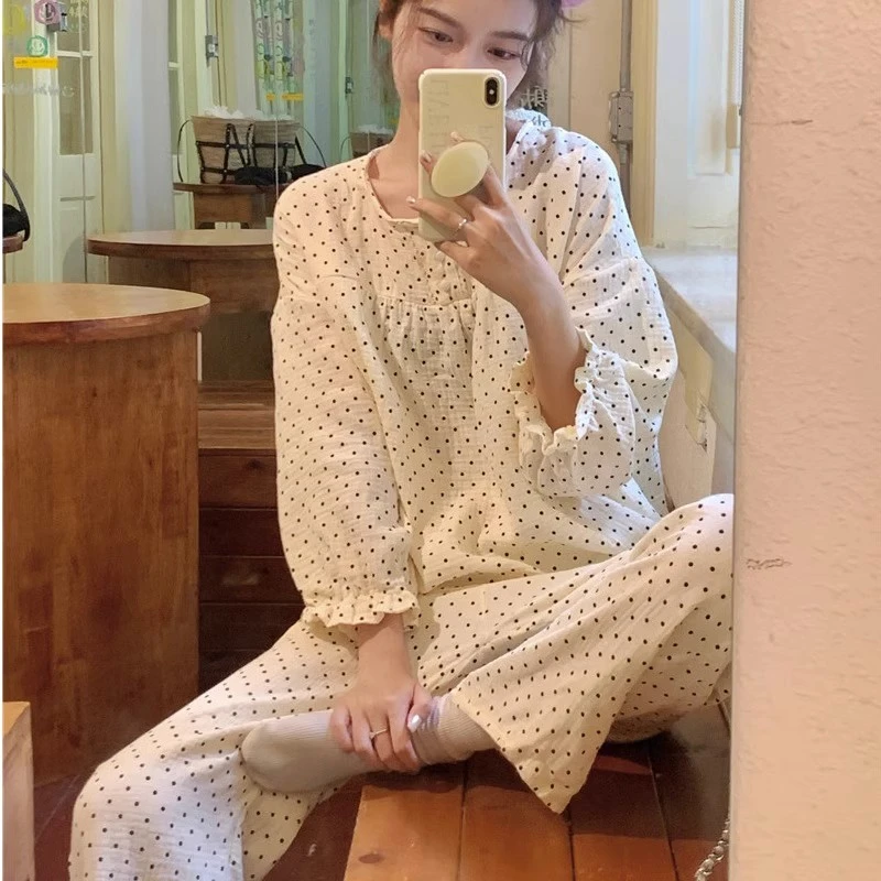 简约甜美波点蕾丝纱布睡衣女春季长袖长裤休闲家居服两件套装夏天