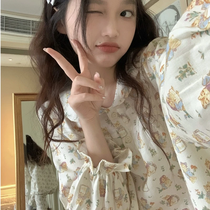 睡衣女春秋季韩版可爱娃娃领小猫咪甜美长袖家居服两件套装学生