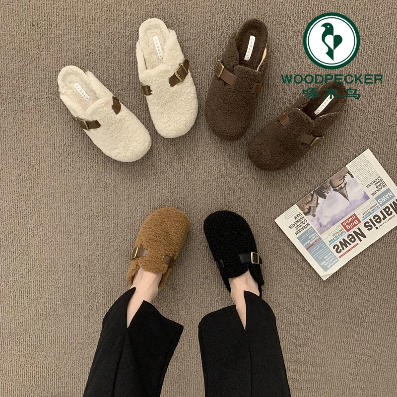 啄木鸟勃肯鞋女包头半拖鞋女外穿2024秋冬新款复古厚底保暖毛毛鞋