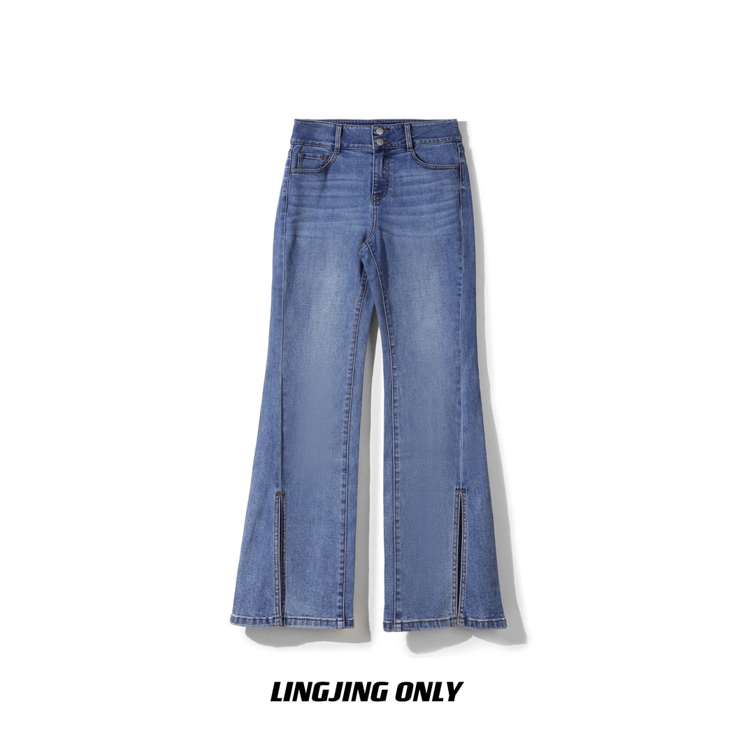 新款时尚休闲设计师高腰复古小个子阔腿微喇裤开衩九分牛仔裤