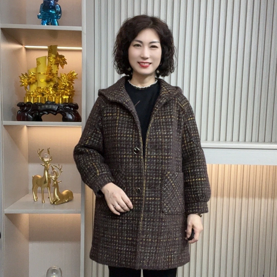 中老年女装妈妈装雅丹风格毛呢气质长袖外套洋气时尚冬款宽松显瘦