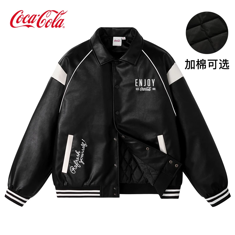 Coca-Cola/可口可乐PU夹克男拼接翻领字母刺绣潮流条纹情侣外套
