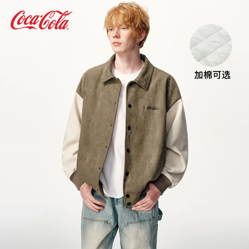 Coca-Cola/可口可乐棒球棉服男美式拼接撞色字母刺绣翻领百搭外套