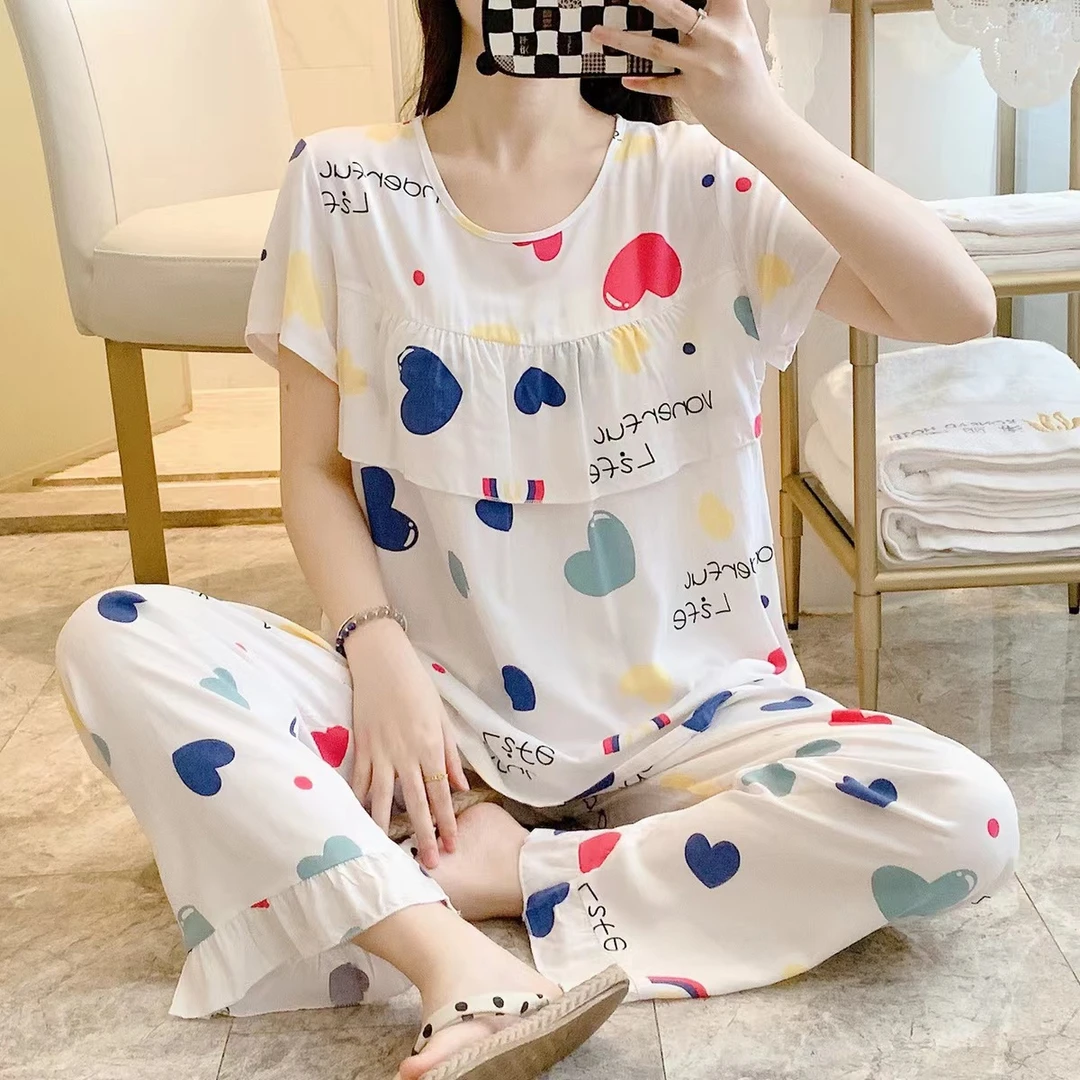 绵绸防凸点免穿内衣裸感超薄短袖长裤学生成人睡衣外穿居家服套装