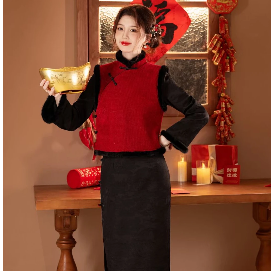 【喜乐】上上签 冬季新款旗袍马甲套装加绒加厚复古新中式国风喜庆