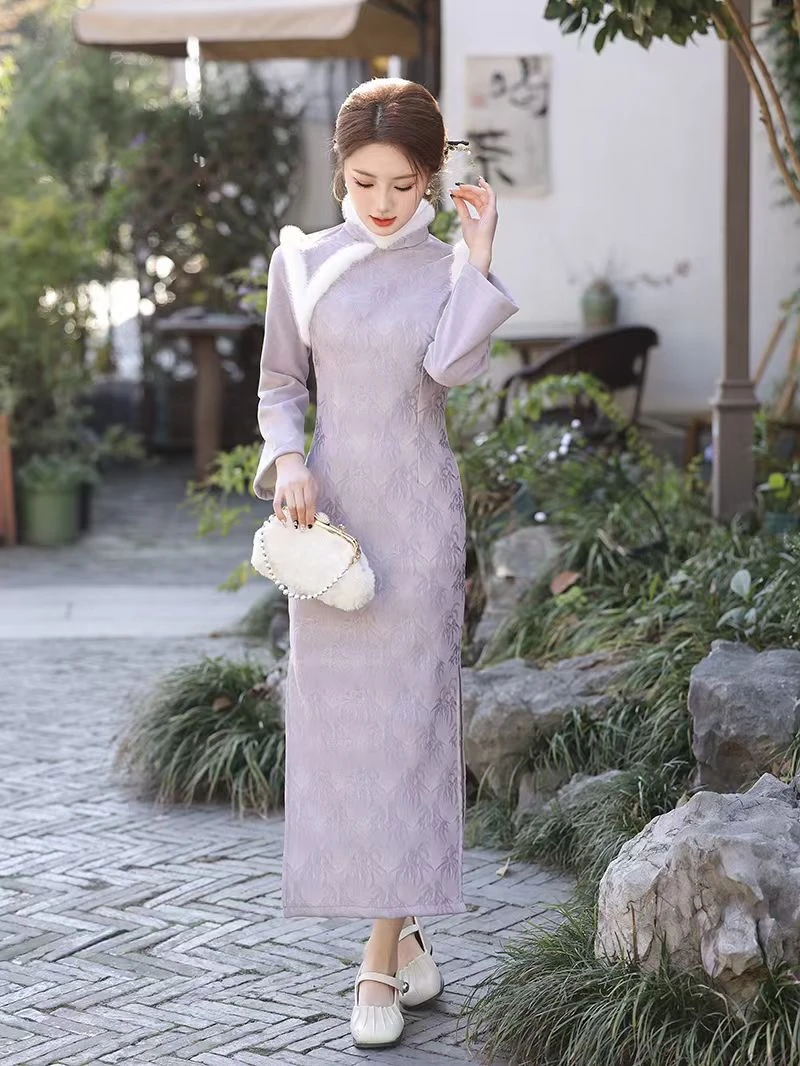 『白菜专属』紫萱 上上签冬季新款紫色新中式旗袍加绒加厚气质日常