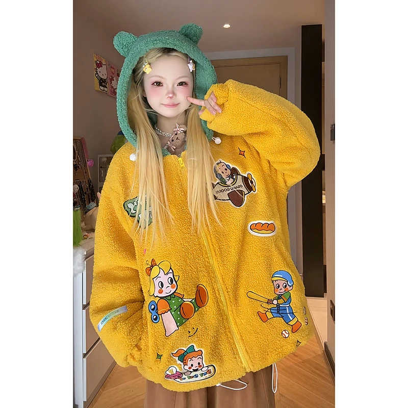 凛可爱 趣味设计感拼色加厚棉服女秋冬连帽宽松休闲学生毛绒外套