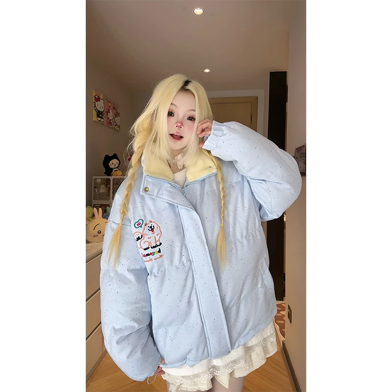 凛可爱 2024冬季新款小众设计彩色波点小狗刺绣加厚保暖棉服女