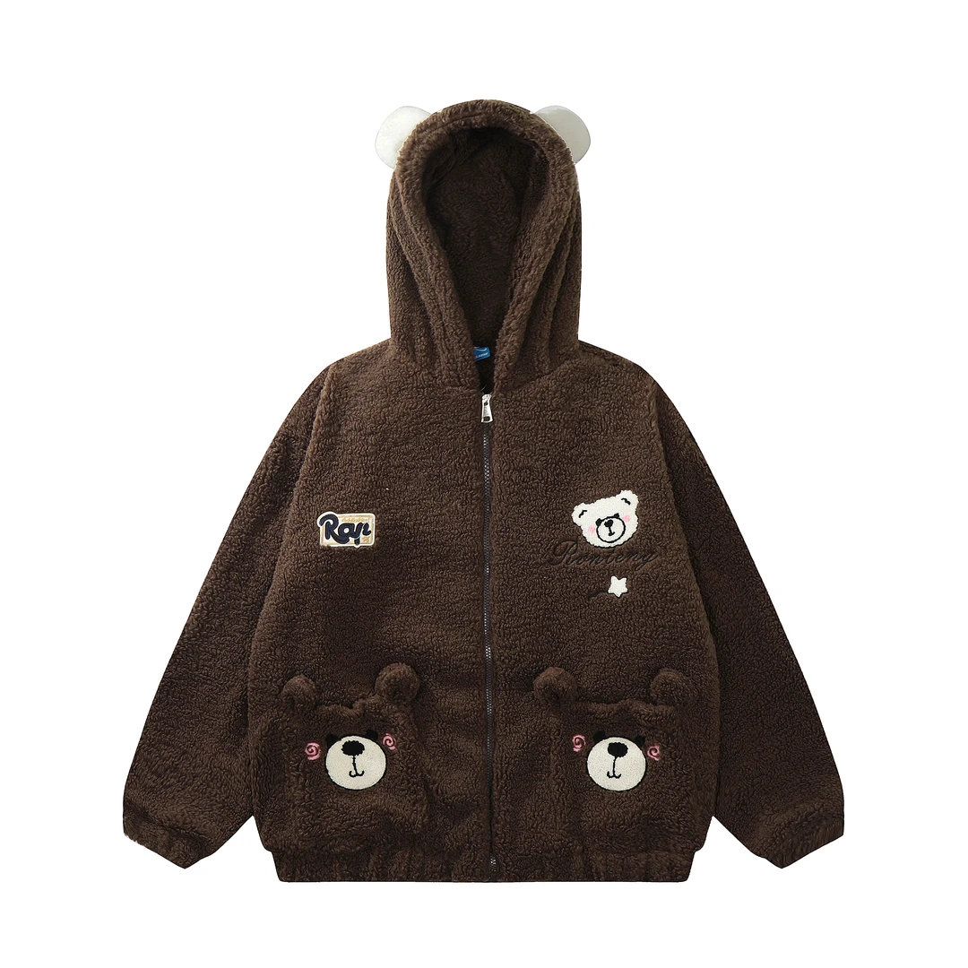 凛可爱 甜美风小熊刺绣加厚棉服女秋冬新款宽松百搭毛绒保暖外套