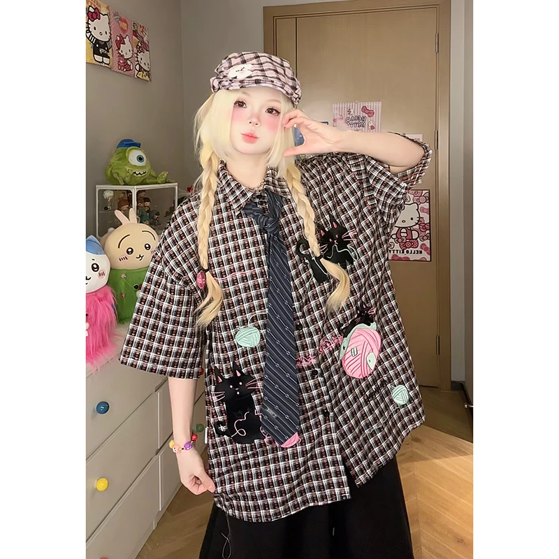 凛可爱卡通动漫刺绣休闲衬衫女夏季新款宽松polo领小众设计衬衣