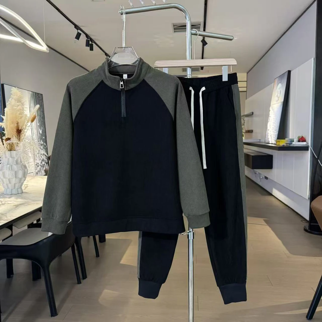 秋冬男士加绒卫衣半拉链拼接撞色百搭休闲长裤长袖套装修身显瘦潮