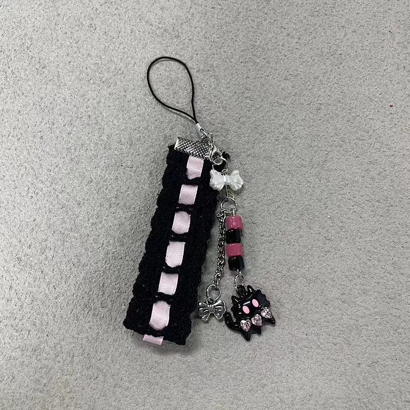 黑粉猫咪丝带手机暗黑串珠手机链挂件手工卡册挂链挂饰可爱少女ai