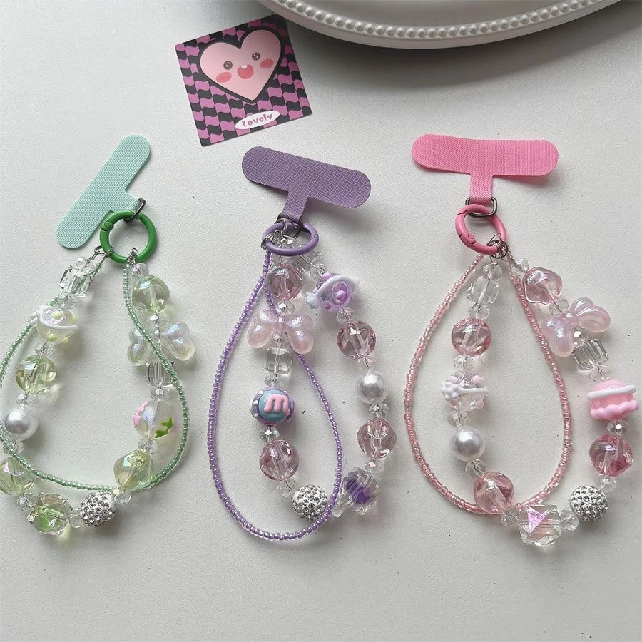 高颜值水晶蝴蝶彩绘珠手机壳短链通用百搭包包小饰品钥匙链DIY链