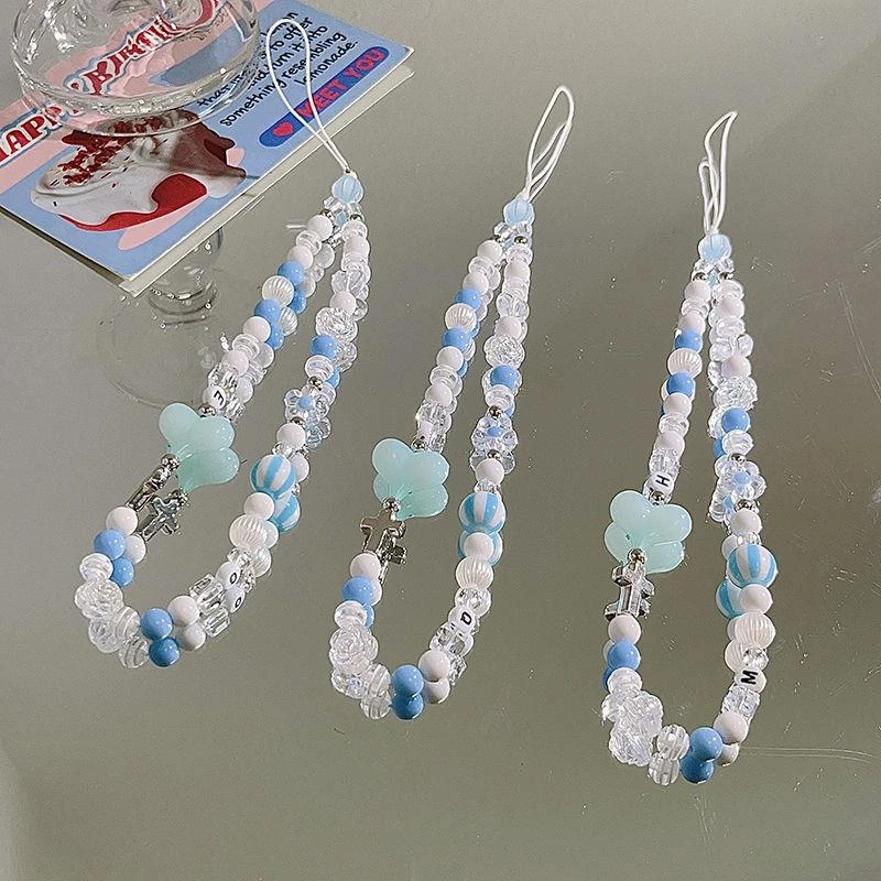 小清新爱心手链手机挂绳手腕挂链十字架吊坠女串珠挂件潮流钥匙链