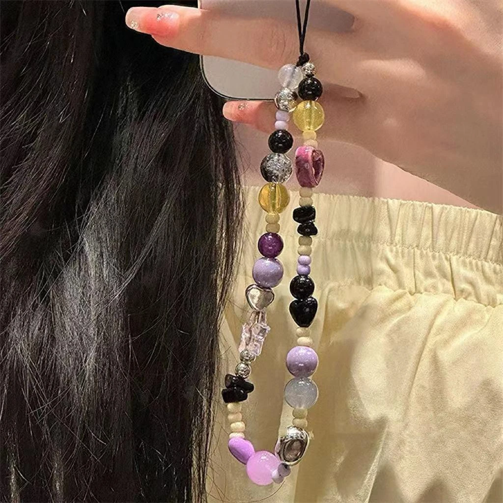 韩国ins串珠马卡龙紫小众手机链高颜值ins手机挂件简约ccd相机女i