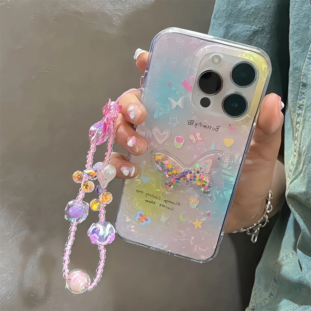 ins粉色彩绘珠韩国东大门baket少女心炫彩珠珠蝴蝶结感手机链百搭
