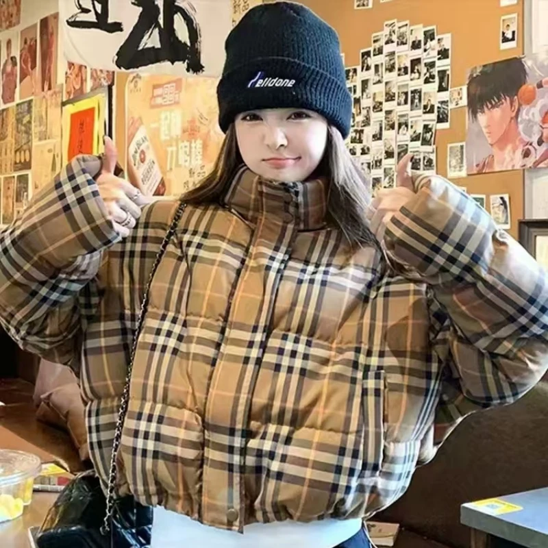 短款羽绒服冬季白鸭绒黄色格纹羽绒服外套潮