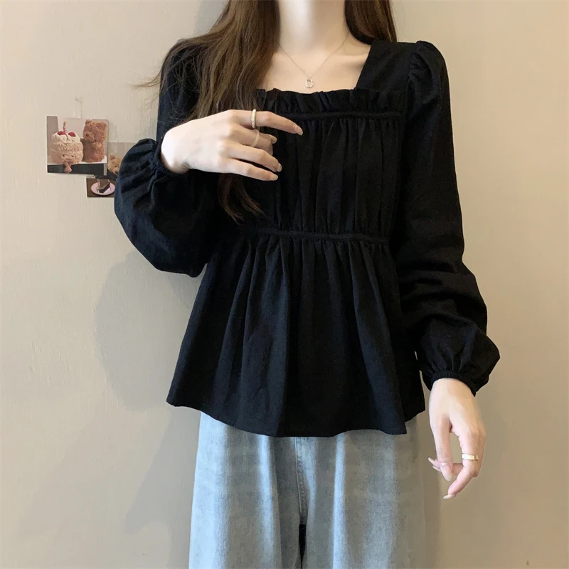 大码女装2023春秋胖mm方领打底衫设计感褶皱小众显瘦百搭长袖上衣