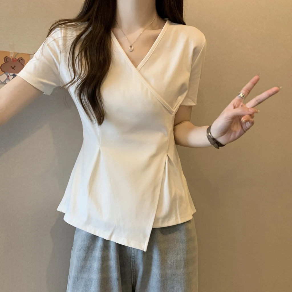 律动莫兰迪显瘦不规则打底衫百搭开叉短袖t恤胖mm遮肚V领上衣夏季