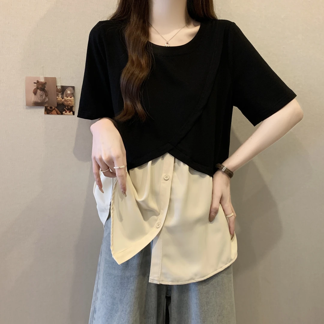 大码夏季不规则假两件衬衫女中长款设计感小众胖妹妹短袖t恤上衣