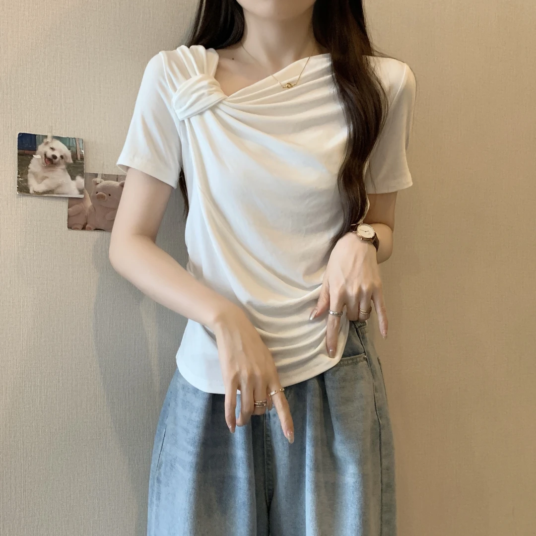 大码胖妹妹不规则堆堆领扭结上衣女显瘦短袖t恤气质设计感打底衫