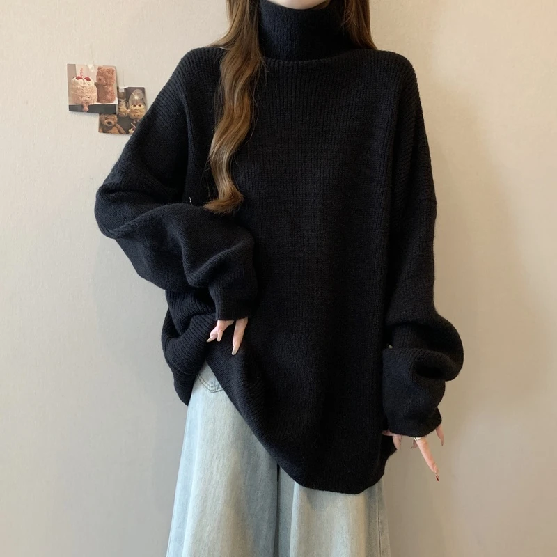 慵懒风遮肚子高领毛衣女款秋冬大码加厚中长款宽松气质针织衫上衣