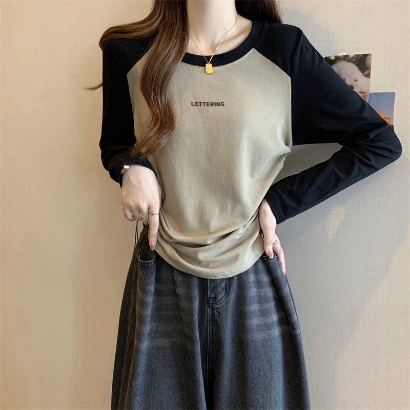 大码女装2023秋季胖mm不规则撞色抽绳上衣设计感字母百搭长袖T恤