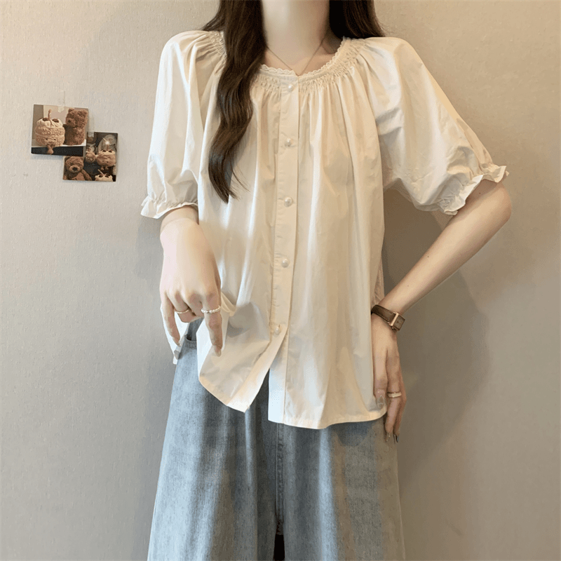 大码夏季新款蕾丝拼接灯笼短袖单排扣上衣女微胖显瘦减龄气质衬衫