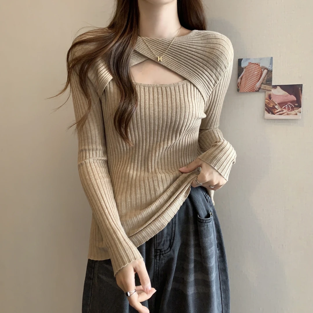 大码女装秋冬镂空性感长袖毛针织衫胖MM洋气修身显瘦百搭打底上衣