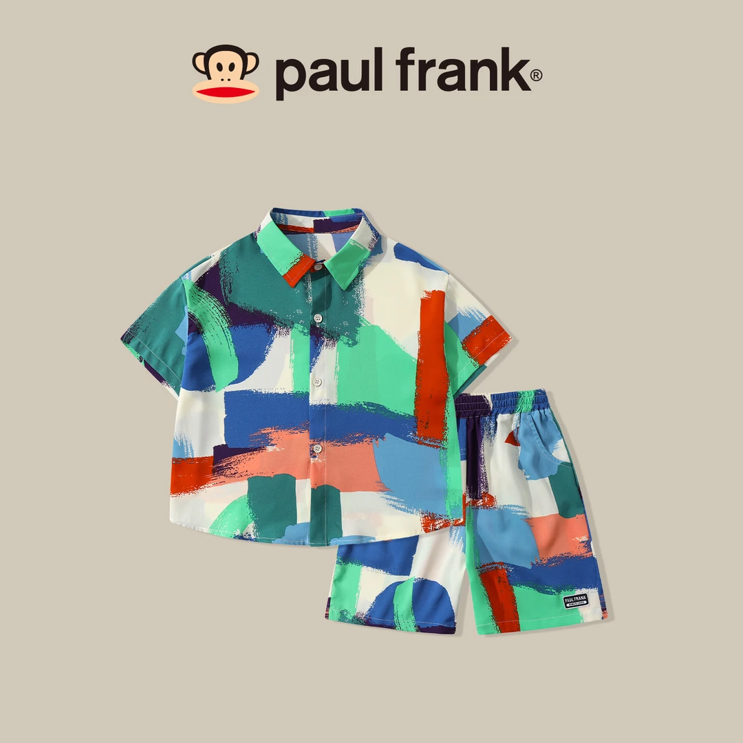 paul frank/大嘴猴夏季短袖套装度假风潮流花衬衫冰丝衬衣CHA016