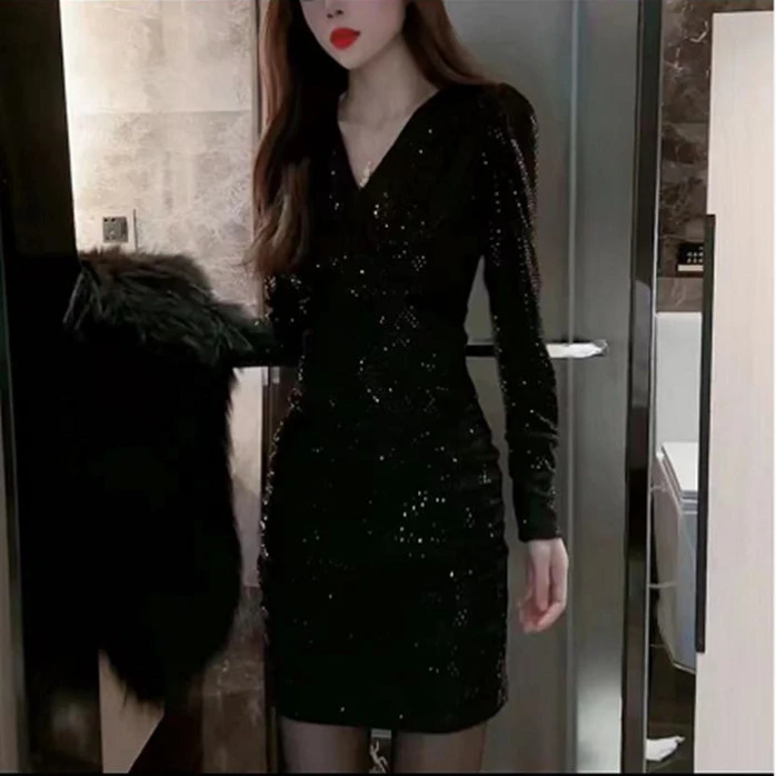 性感女神V领亮片女装连衣裙新款秋冬时尚气质修身显瘦紧身包臀裙