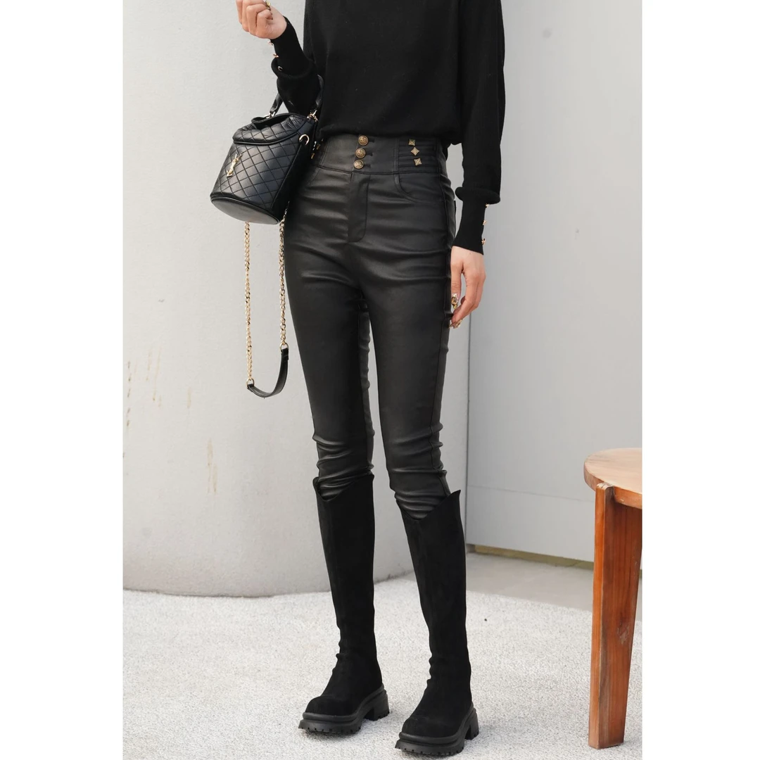 冬季时尚百搭加厚加绒高弹力显瘦移模皮女士九分小脚裤靴裤DW2199