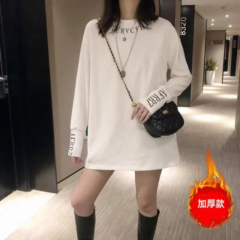 【小曹大码】白色打底衫T恤中长款圆领长袖-YYANG1392