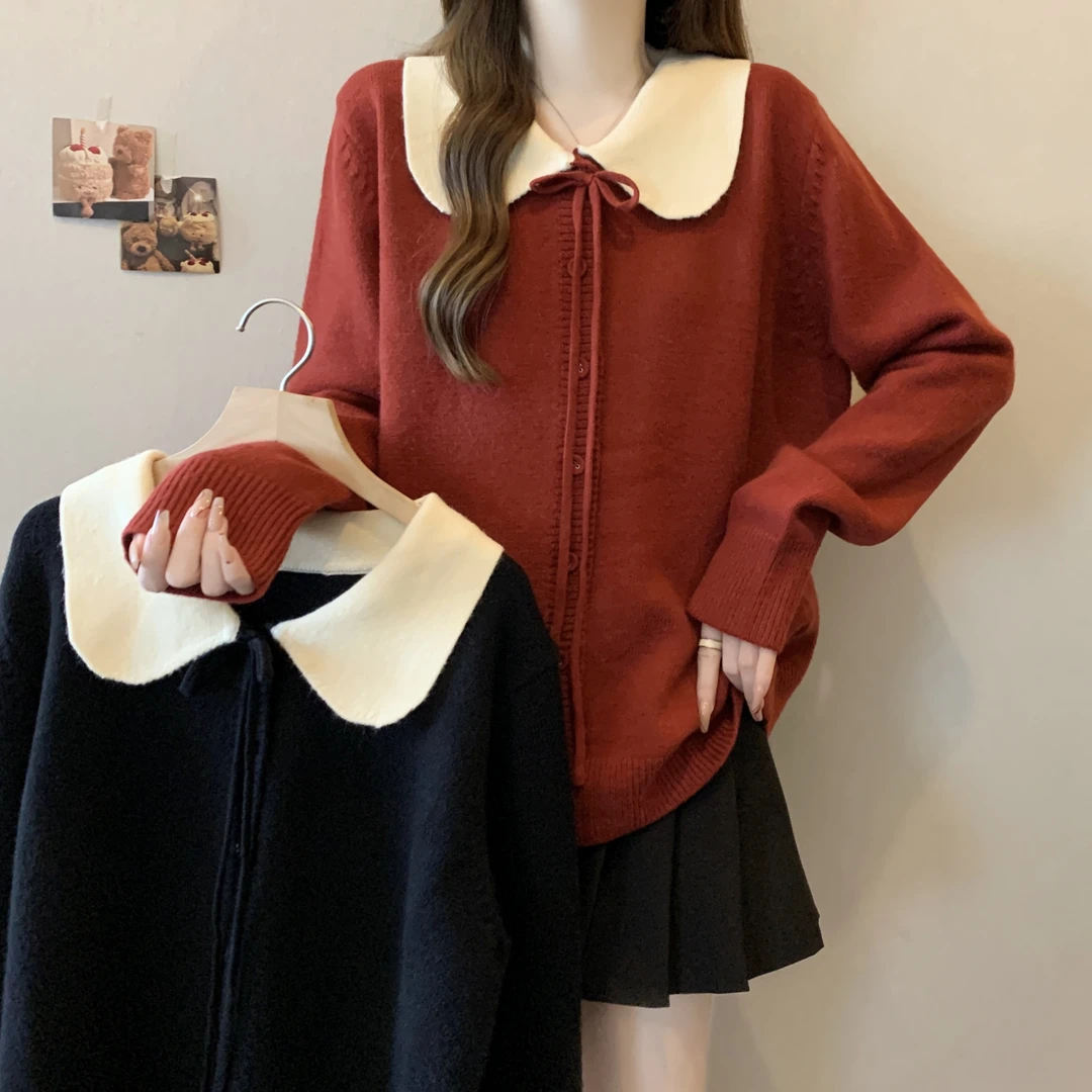 【小曹大码】娃娃领拼色针织开衫宽松显瘦毛衣-ZMDM3867