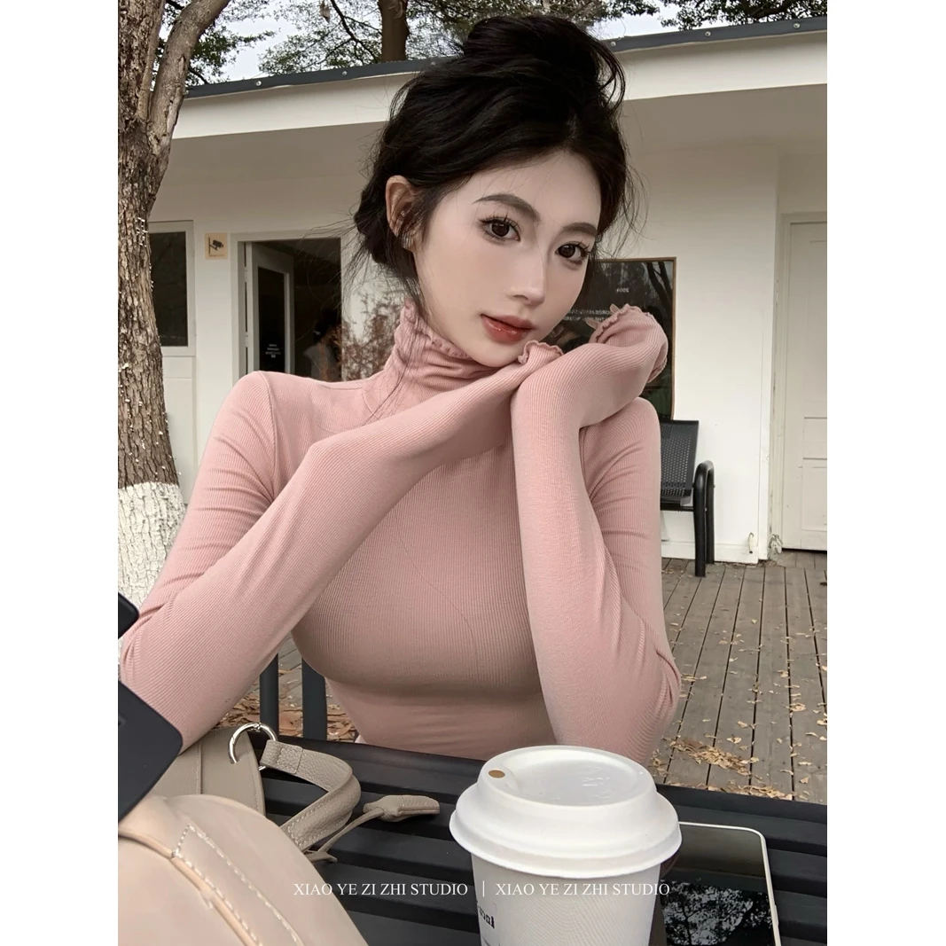 粉色高领长袖加绒T恤女秋季修身紧身基础款弹力显瘦内搭打底上衣