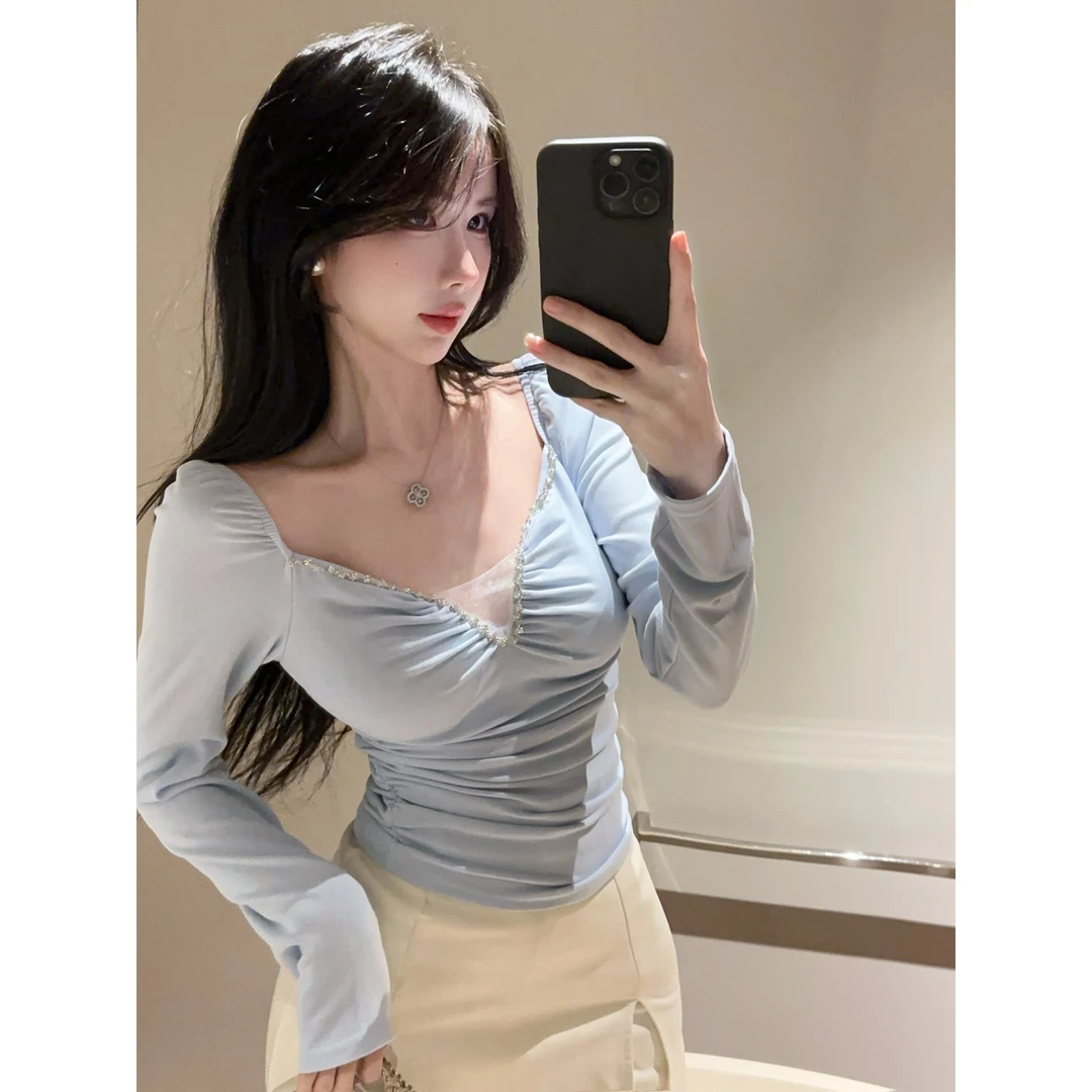 法式气质重工镶钻抽褶长袖T恤女秋冬时尚洋气弹力性感打底衫上衣