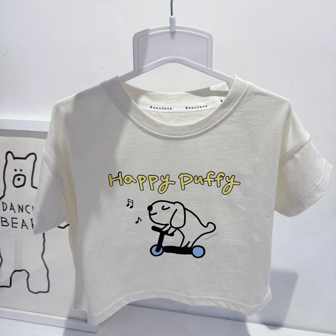 韩版男女宝宝纯棉可爱小狗滑板车涂鸦短袖