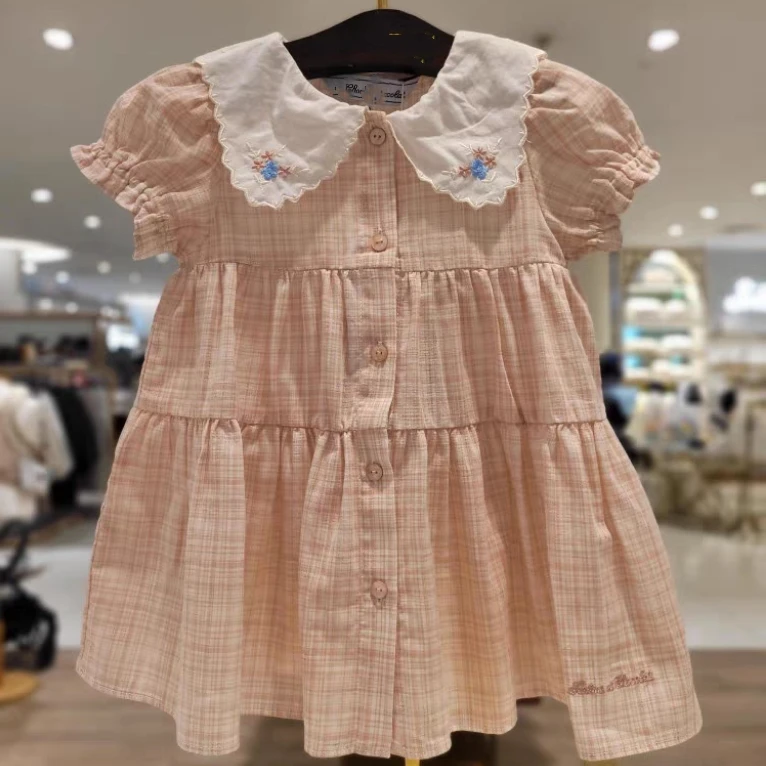 韩版女宝宝翻领刺绣格子可爱淑女连衣裙