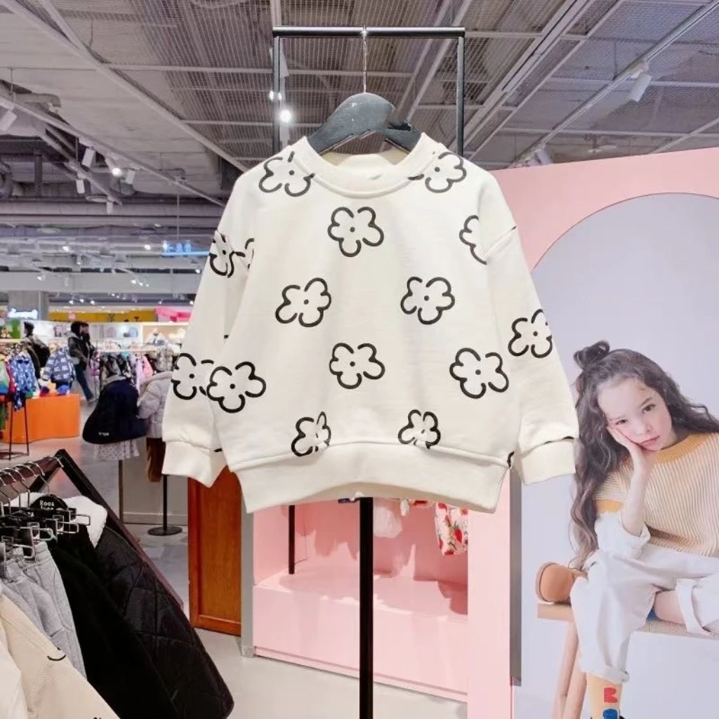 韩版男女宝宝黑色花朵满印可爱个性时尚毛圈圆领卫衣