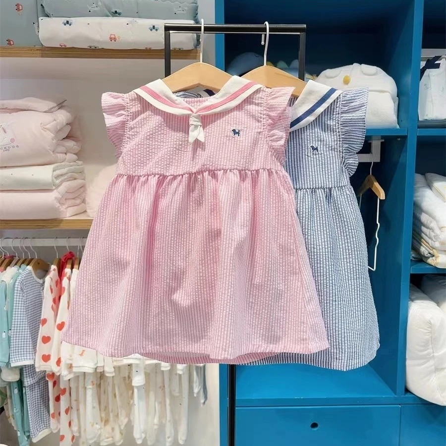 韩版男女宝宝海军风竖条百搭连衣裙套装