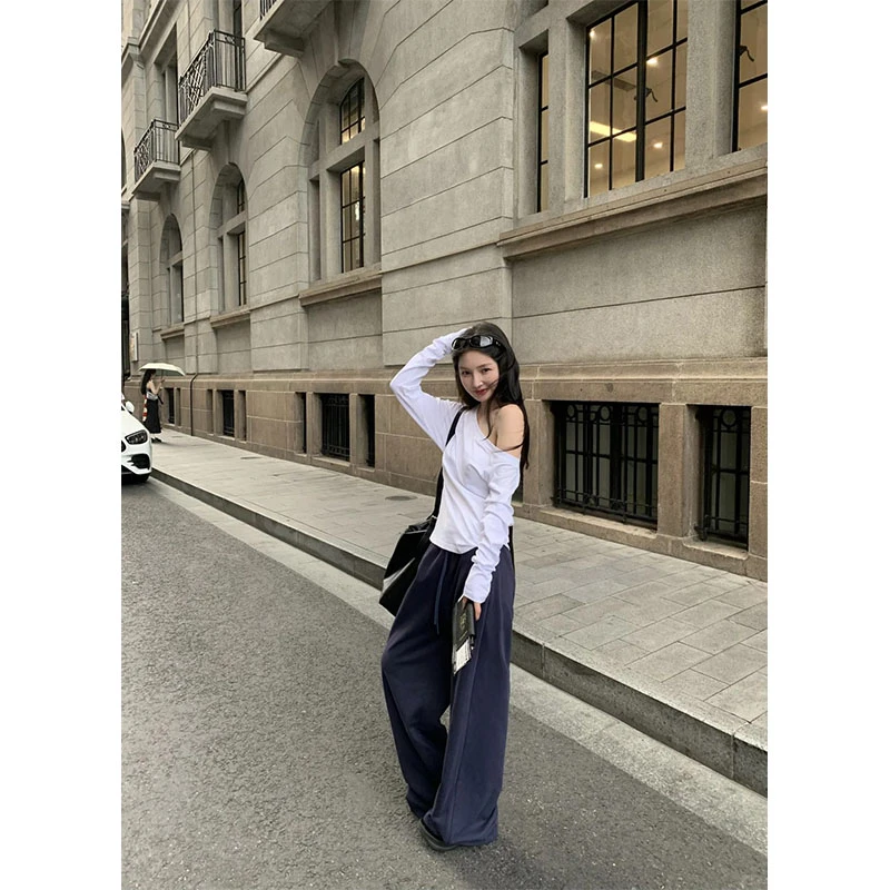 2024秋季新款简约时尚基础款斜肩纯色长袖T恤上衣宽松直筒阔腿裤