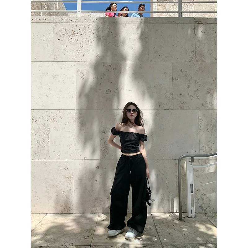 2025夏日新款高级设计感纯欲风辣妹背心上衣女高腰直筒休闲阔腿裤