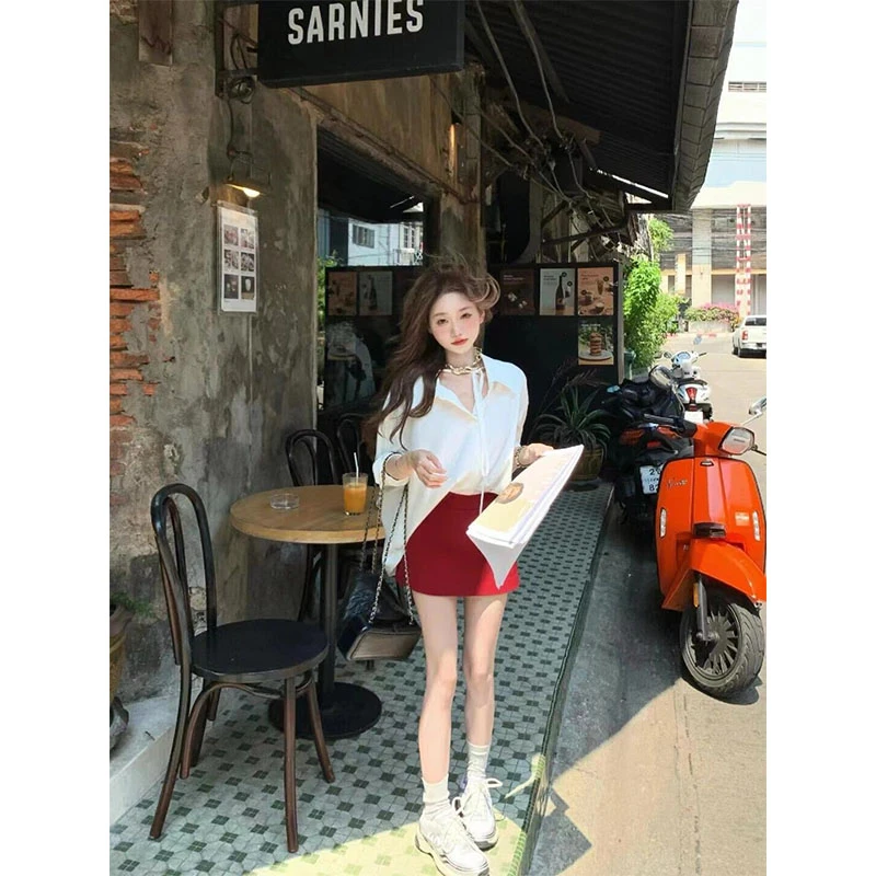 2025早秋新款轻熟风时尚气质宽松长袖衬衫上衣高腰直筒休闲短裙女