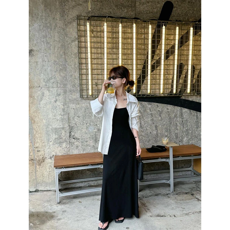 2025秋季新款韩系时尚高级感宽松长袖衬衫上衣高腰露背吊带连衣裙