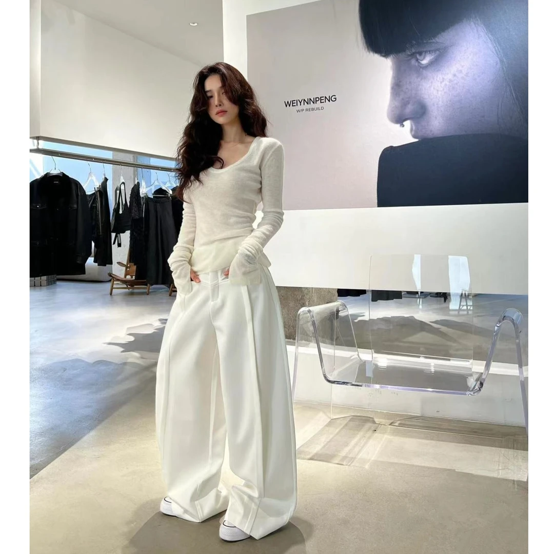 秋季韩版时尚套装纯色袖口开叉U领打底针织衫高腰显瘦直筒阔腿裤