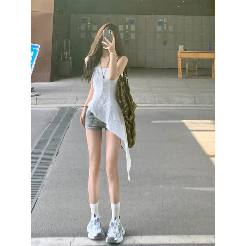 2025夏季新款时尚小众甜辣设计感荷叶边飘带背心上衣高腰牛仔短裤