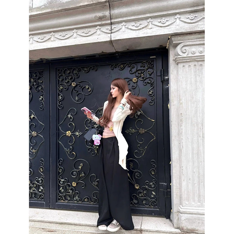 2025早秋新款慵懒风穿搭宽松绑带长袖开衫上衣高腰显瘦宽松阔腿裤