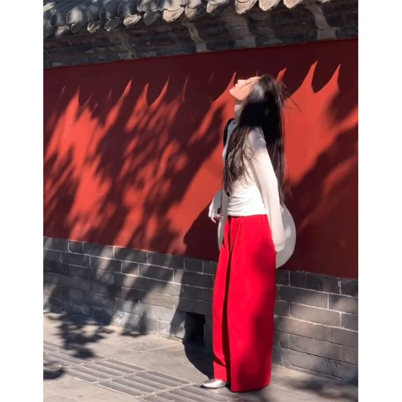 2024秋季新款时尚韩系休闲风设计感长袖T恤女高腰百搭垂感阔腿裤
