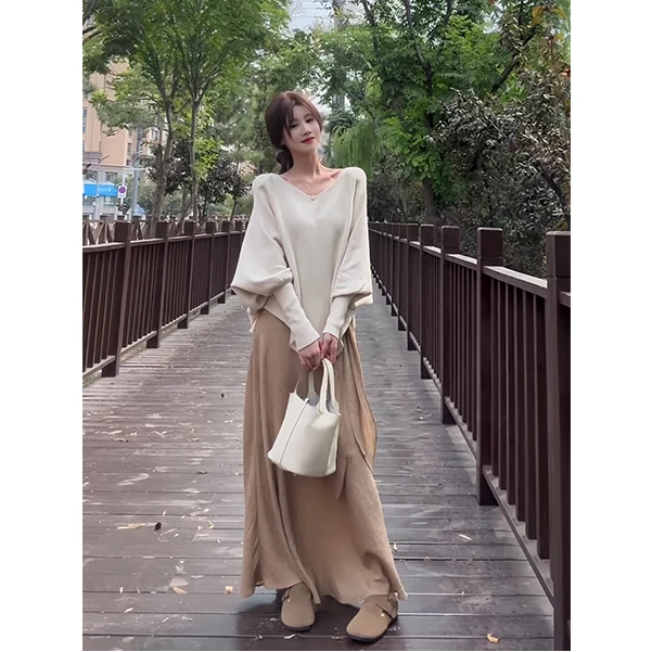 2025秋季新款韩系慵懒风穿搭宽松长袖针织上衣高腰显瘦A字长裙女